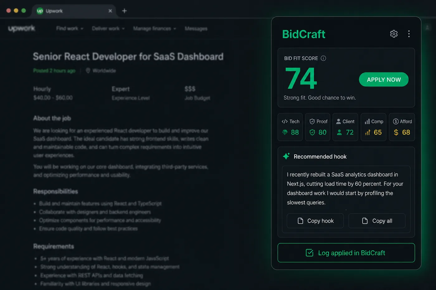 The BidCraft Chrome extension sidebar on an Upwork job page showing a score of 74, category chips, and a recommended evidence backed hook